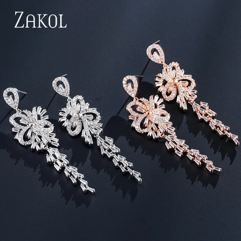 ZAKOL новые роскошные длинные висячие серьги с кубическим цирконием для женщин Сияющий Свадебный цветок с кристаллами Свадебные ювелирные изделия FSEP2108