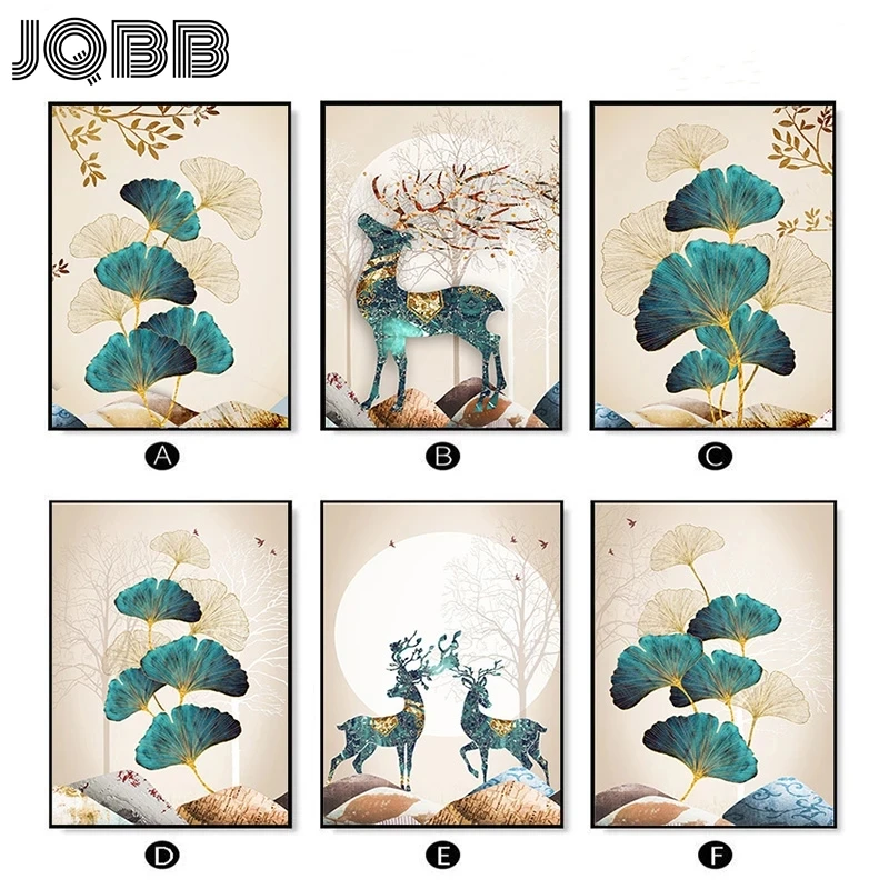 

Green Ginkgo Leaf Canvas Painting Nordic Wall Art Deer Plant Modern Home Decor Poster And Print For Living Room Backdrop Design