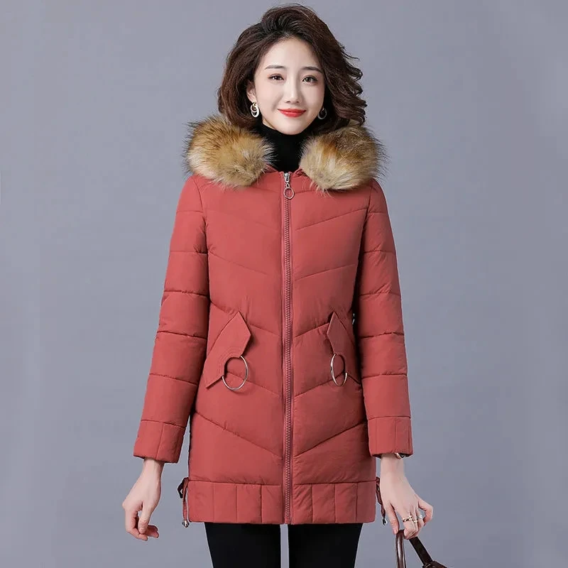 

New Women's Padded Jacket 2021 Winter Mid-length Thicken Warm Female Down Jacket Hooded Fur Collar Loose Casual Ladies Parka
