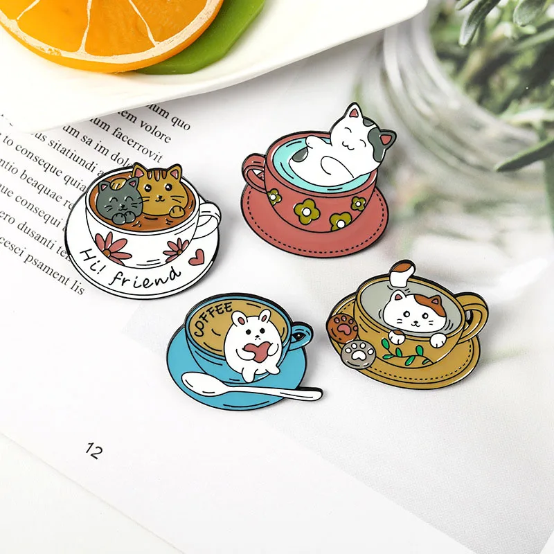 

Creativity Enamel Pins Custom Coffee Cup Cats Animal Brooches Cute Cartoon Badges Lapel Pin Jewelry Gift for Friends Wholesale