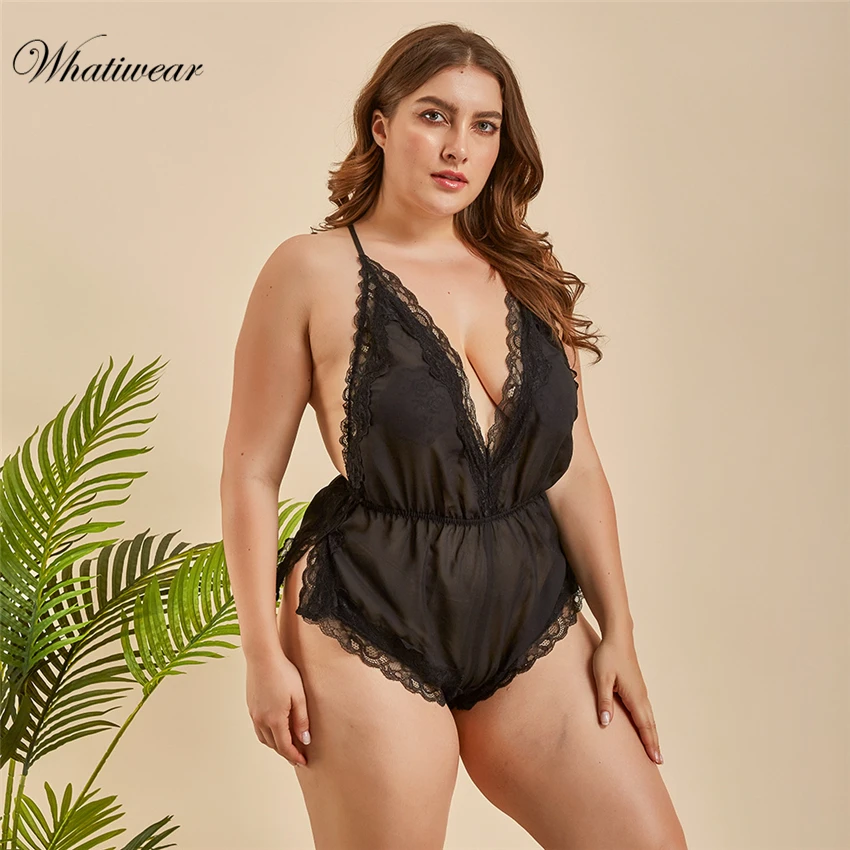 Whatiwear Plus Size Deep V Neck lace bodysuit transparent female body hot sexy teddies jumpsuits women deep V mesh Bodysuit