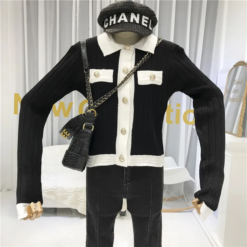 ALPHALMODA Autumn New Black and White Contrast Elegant Cardigan Women's French Fashion Short Knitting Jacket Outfit |