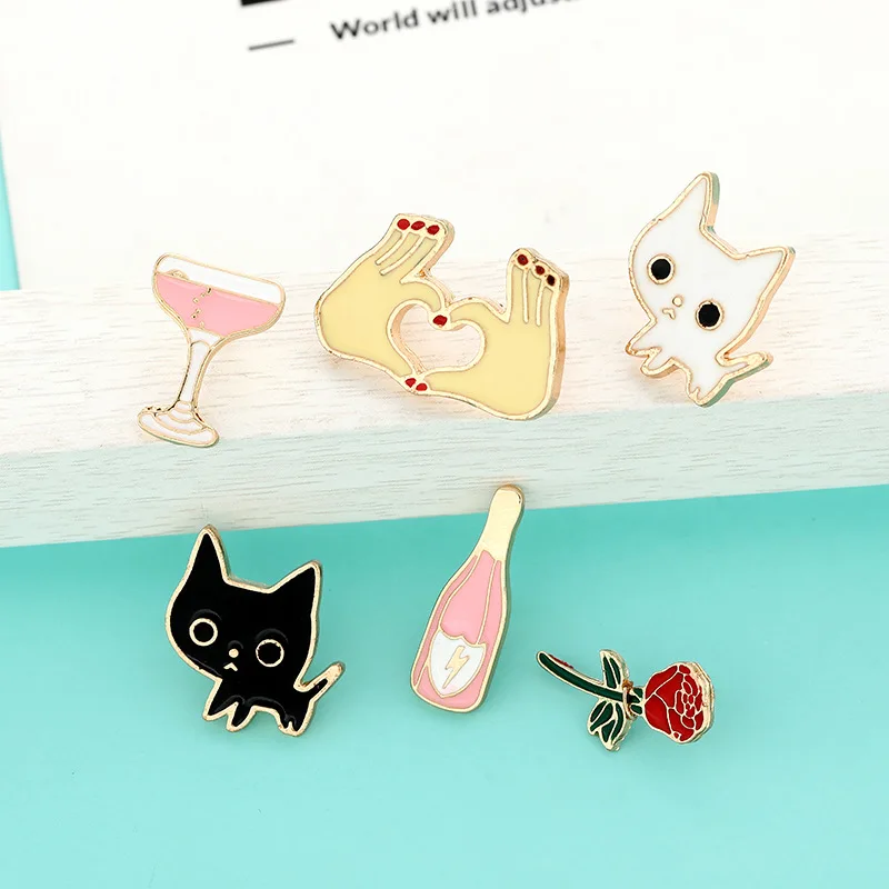 Черный белый кот лицо эмаль pin Набор Розовое Пиво Стекло Металл сердечки булавки