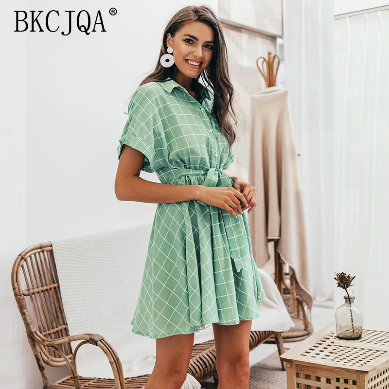 Женское платье Элегантное клетчатое с поясом женское коротким рукавом