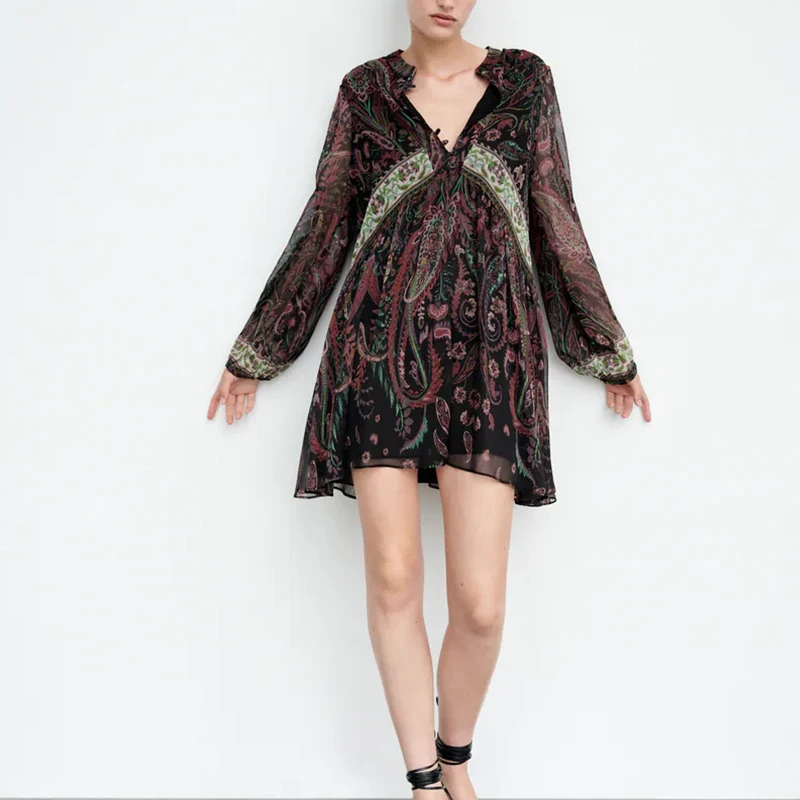 

KUMSVAG Women Summer Vintage Print Mini Dress 2021 ZA Long Sleeve V-Neck Chiffon Female Elegant A-Line Dresses Clothes Vestidos