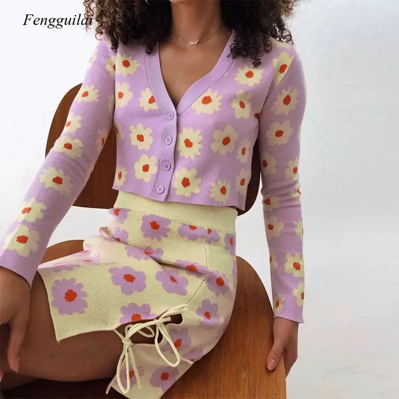 

Knitted Suit Women's 2021 New Flower Print V-Neck Cardigan Sweater Top