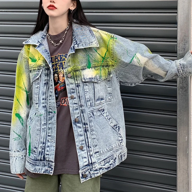 

Spring Autumn Multicolor Hand-painted Print Denim Jacket Women Single-breasted Long Sleeves Korean Female Casual Chaqueta Mujer