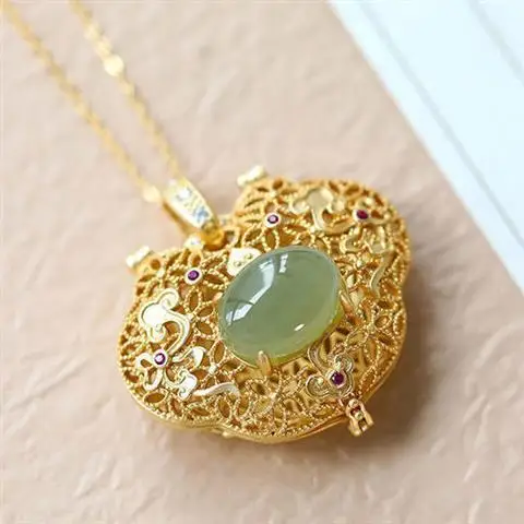 

Natural Hetian Jade Necklace Gray Jade Peace Buckle Jade Pendant Vintage Silver Perfume Bag Can Be Opened S925 Sterling Silver