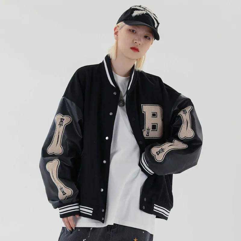 

Hip Hop Furry Bone Letter Color Patchwork Harajuku College Style Harajuku Streetwear Bomber Jacket Men Baseball Coats Unisex