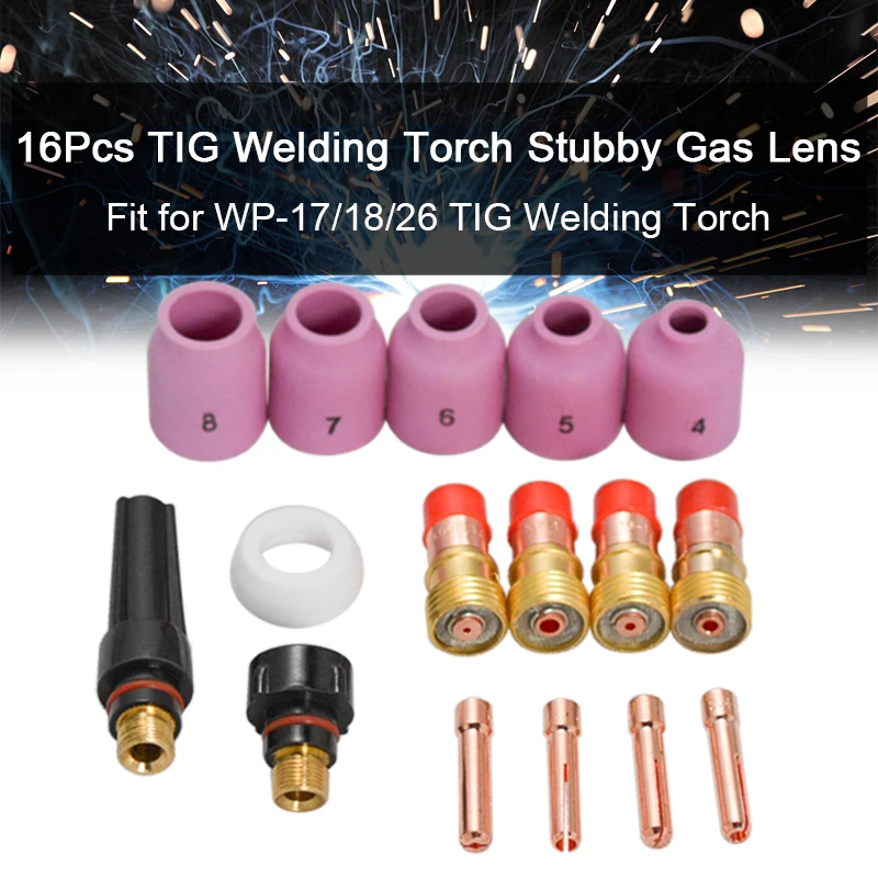 

16pcs TIG Welding Torch Stubby Gas Lens Kit Cup Collet Body Nozzle for WP 17/18/26 Welding Machine Accessories