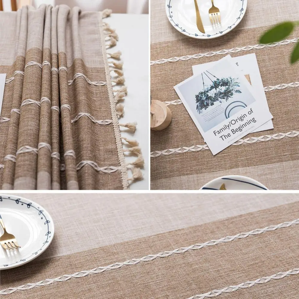 

Khaki Table Cloth Dinner Rectangular Antiderapant Tablecloth Home Kitchen Tischdecke Decor Stripe Table Cover Lace Tassel 54x80"