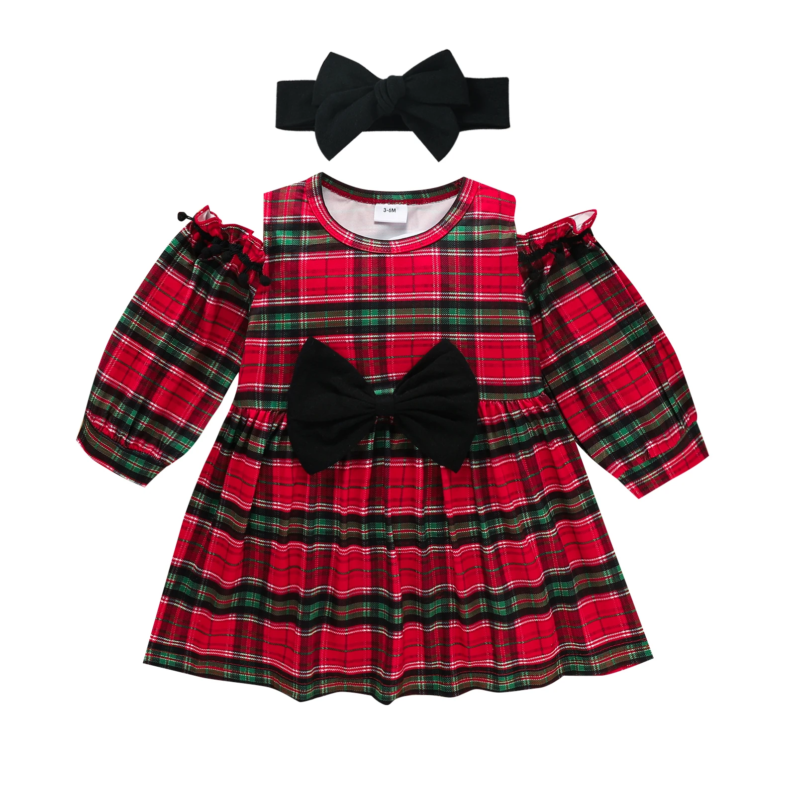 

Christmas Baby Girl\u2019s Casual Long Sleeve Dress Fashion Plaid Off-shoulder A-line Short Dress and Headband Autumn