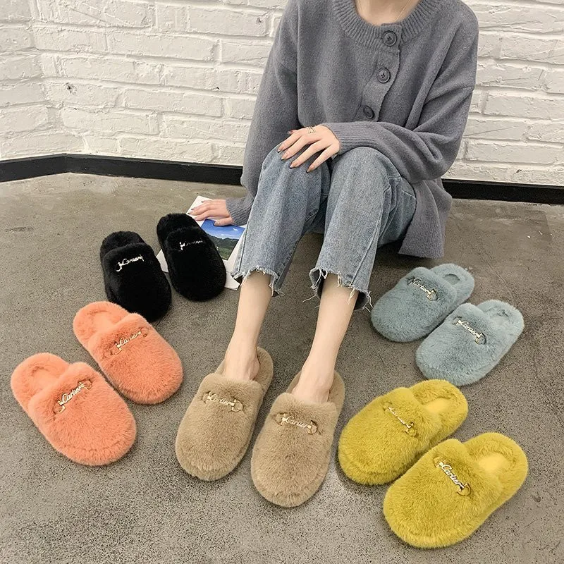 Hairy Slippers Women's Autumn And Winter 2021 New Thick Bottom Casual Lazy Home Baotou Cotton Drag
