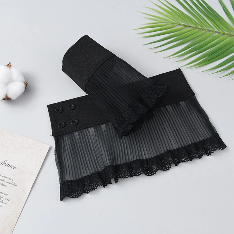 

Women Organza Wrinkled Sheer Layered Horn Cuffs Ruffles Lace Edge Detachable Fake Sleeves Sweater Decorative Wristband