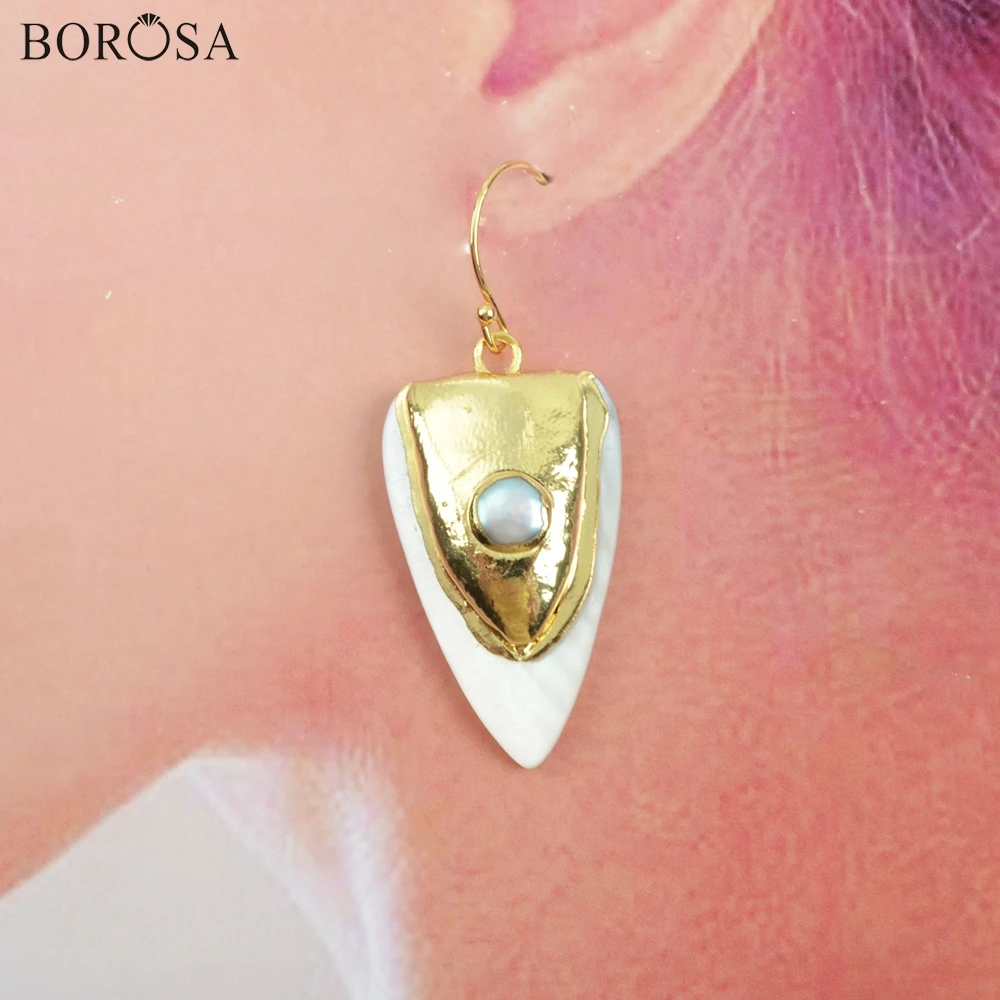 

BOROSA 5Pairs Gold Electroplated Natural White Shell & Pearl Earring Jewelry Freshwater Pearls Shell Dangle Earring G1916-E
