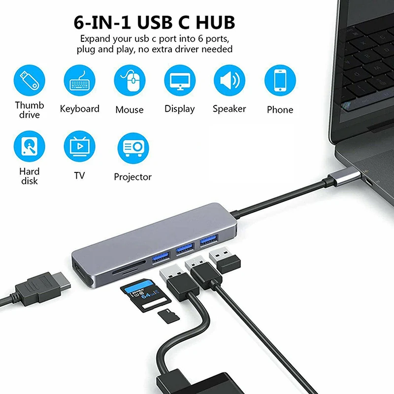 

Usb-хаб C концентратор HDMI адаптер 6 в 1 взаимный обмен данными между компьютером и периферийными устройствами C до USB 3,0 док-станция для MacBook Pro Ак...