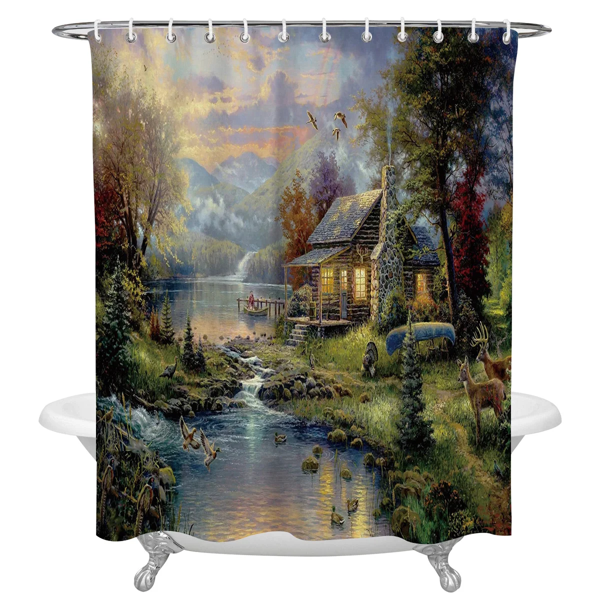

Водонепроницаемая Штора для душа, занавеска из полиэстера с изображением домика, оленя, леса, леса, птиц, заката, лодки, s домашний декор