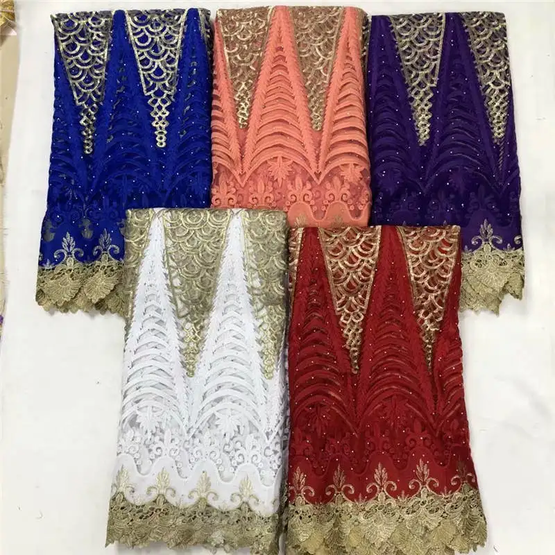 

5 Yards African Guipure Lace Fabric 2020 High Quality Embroidered Beaded Nigerian Tulle Lace Fabric For Wedding Dress!XMF1010132