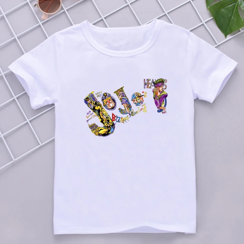 

Jojo Bizarre Adventure T Shirt Child Japan Anime Summer Cotton Tops T-shirt Kawaii JoJo's Graphic Tshirt Cartoon Kids Manga Tees