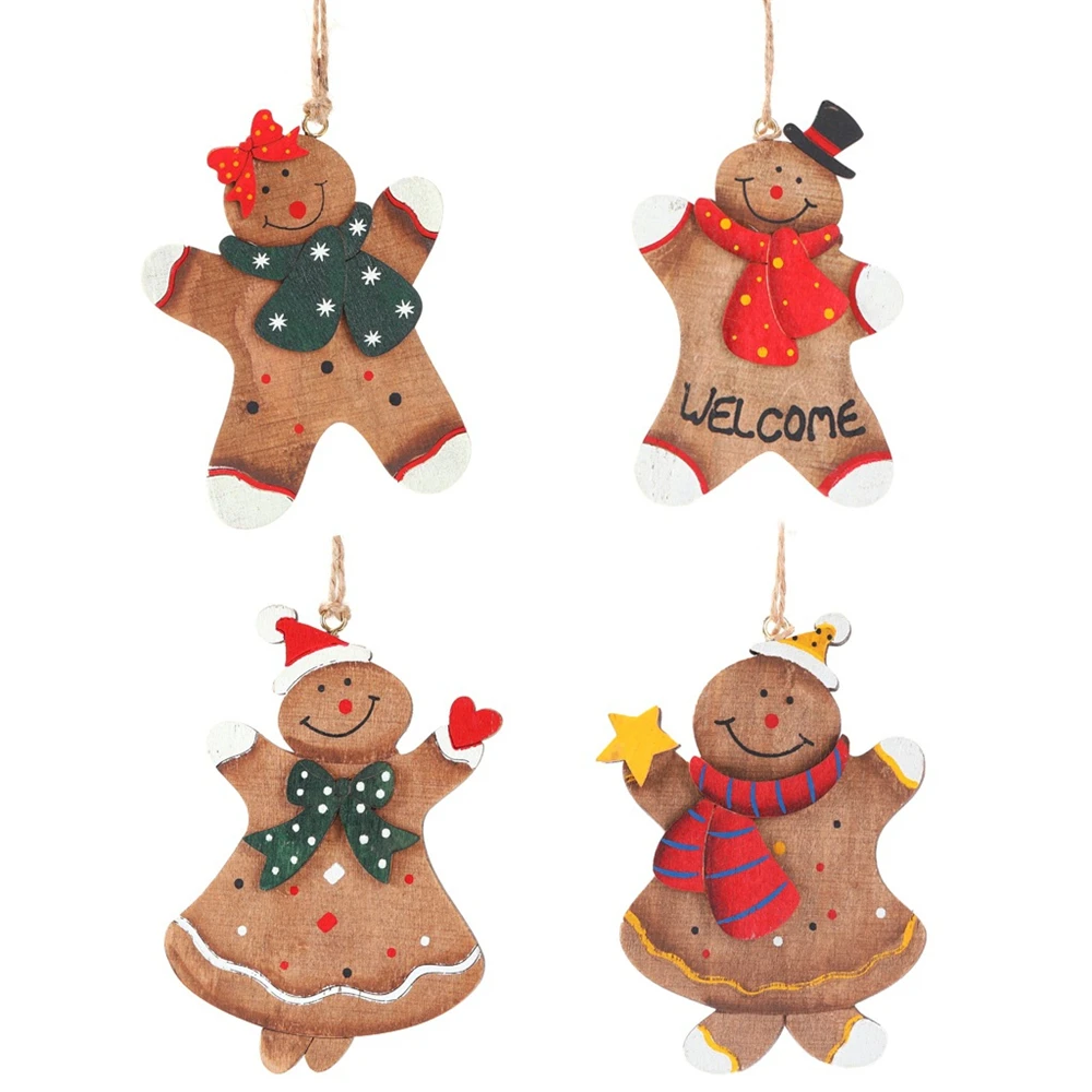 

4 Pcs Creative Wooden Gingersnap Man Pendant Christmas Pendant Drop Ornament Home Decor Decorations