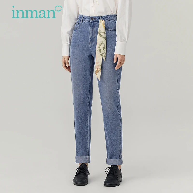 

INMAN Women's Jeans Spring Autumn Classic Minimalist Literary With Silk Scarf Decoration Pure Cotton Denim Trousers