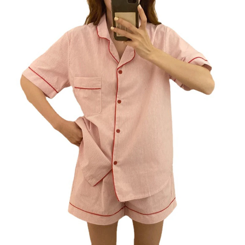 

Marple Pajamas Set Summer Women/Men Pajamas Pink Yellow Blue Dark Green Stripes Short Sleeve Shorts Casual Home Wear