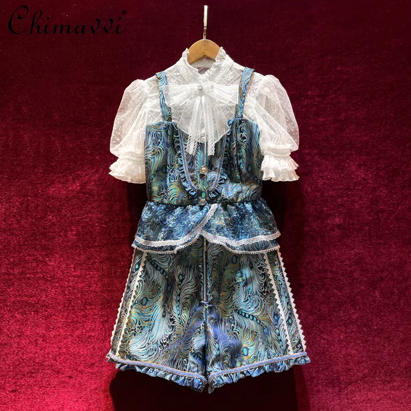 

Summer 2021 Women's Clothing Short Sleeve Casual Fashion Luxury Shirt Blouse Shorts European Style Elegant Slim 2-piece Set