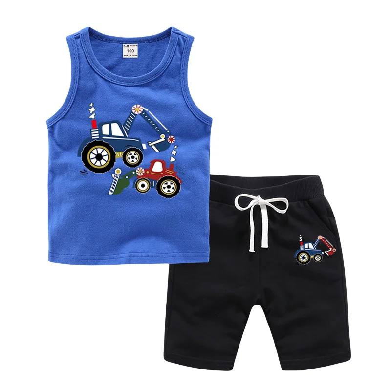 

Повседневный комплект одежды для малышей из 2 предметов, топ без рукавов с экскаватором и шорты, детская одежда, новинка 2021