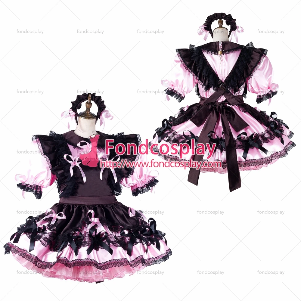 

fondcosplay adult sexy cross dressing sissy maid short baby pink satin dress lockable Uniform black apron Tailor-made[G2192]