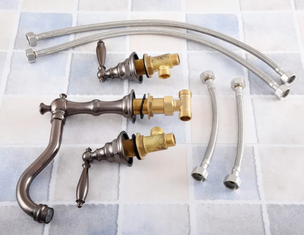 

Brown Oil Rubbed Brass Dual Lever Handles Deck Mounted Widespread 3 holes Bathroom Vessel Sink Faucet Cold/Hot Water Tap anf589