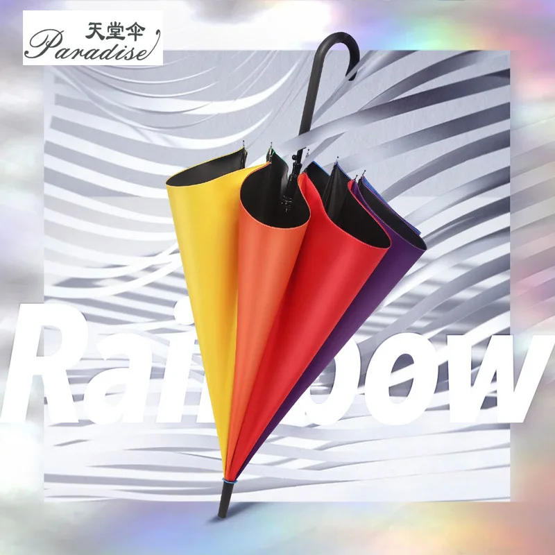 

Rainbow Long Straight Handle Semi-automatic Sunscreen Umbrella Black Glue Sunny and Rainy Dual Purpose Large Canopy Men or Women