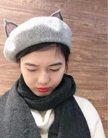 2022 new women warm winter wool cat ear beret hat princess sweet lolita handmade grey novelty rabbit girl animal cap hat