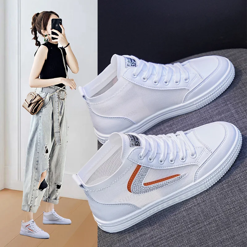 

2021 Summer New Breathable High Top Small White Shoes Women's Net Surface Korean Fashion Casual Running Shoes Net Shoes H628