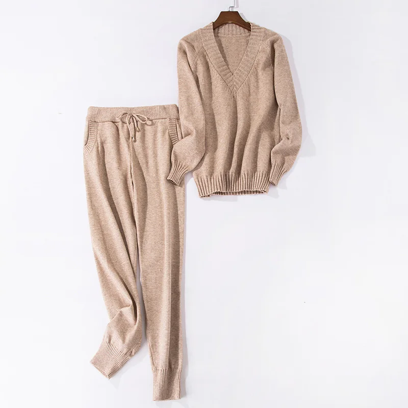 Khaki Set Женские спортивные костюмы осень зима пуловер с вырезом в виде буквы V+ длинные штаны наборы мягкий теплый вязаный свитер Костюмы - Цвет: Khaki Set