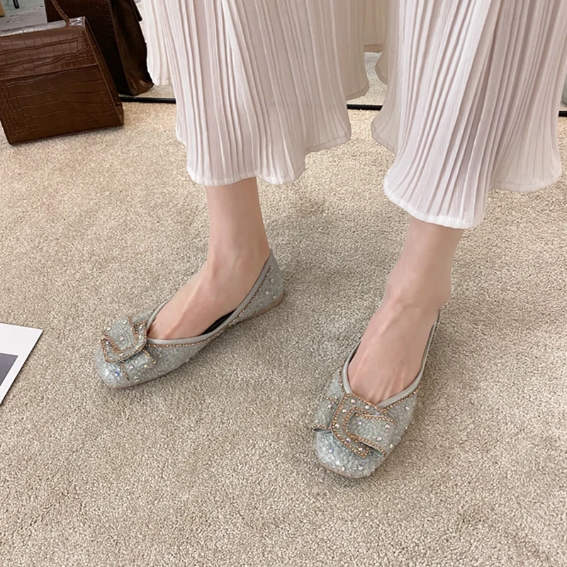 

ELLALEE Women Shallow Mature Basic Slip-on Shoes Office Ladies Solid Summer Green Fashion Comfortable Handmade Crystal Flats