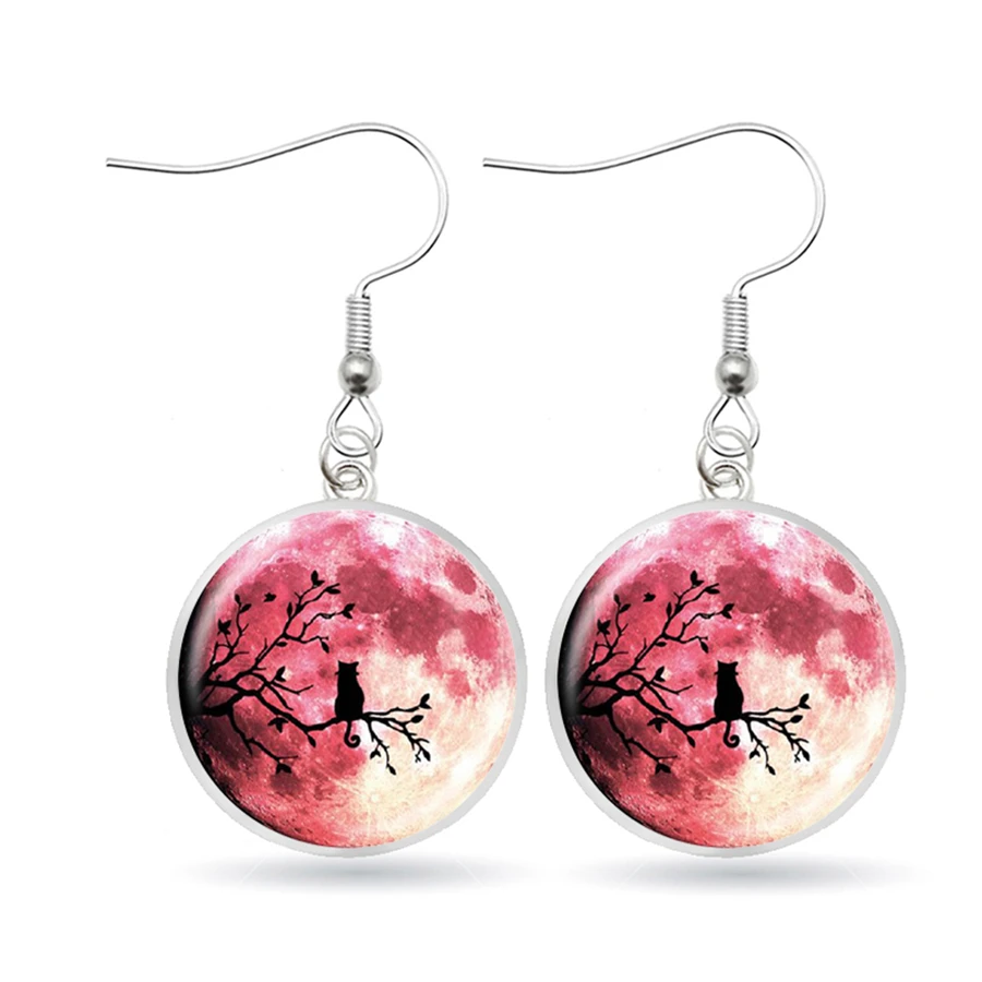 Полные серьги-висюльки с Луной черной кошечкой на дереве астрономические