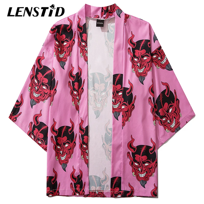 Мужское кимоно с длинным рукавом LENSTID тонкое японское принтом призрака уличная