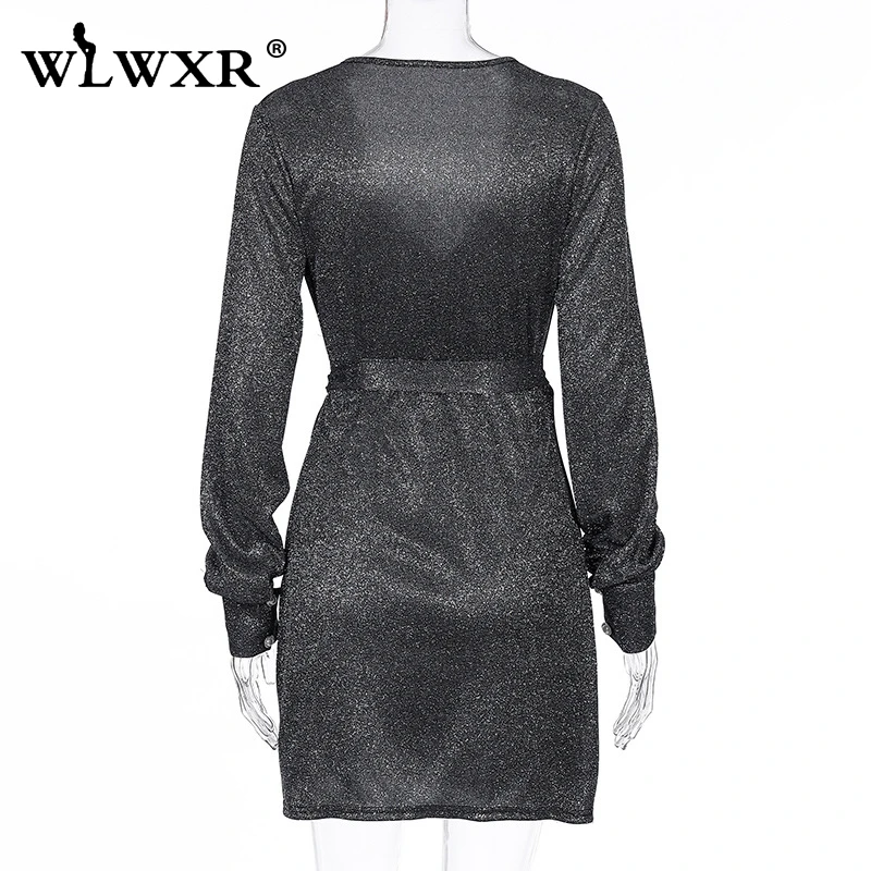 WLWXR блестящее Золотое сексуальное облегающее мини платье для женщин с v образным