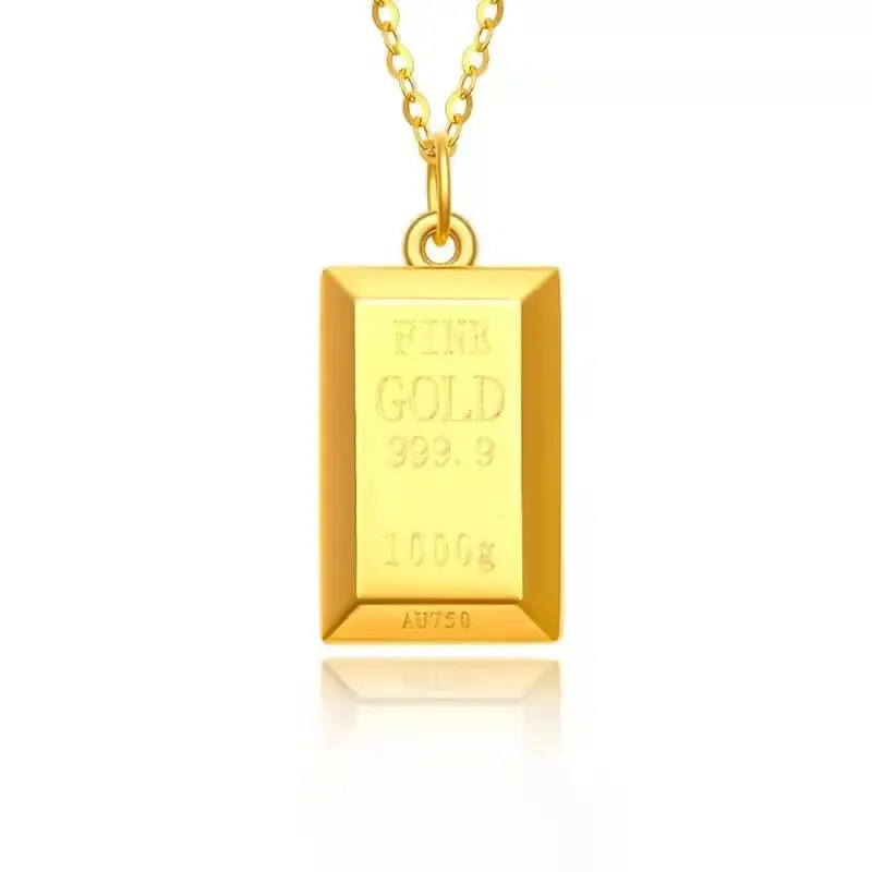 

POFUNUO Real 18K Gold Pendant Necklace Luxury Gold Bricks Design Pure AU750 Chain for Women Fine Jewelry Gift