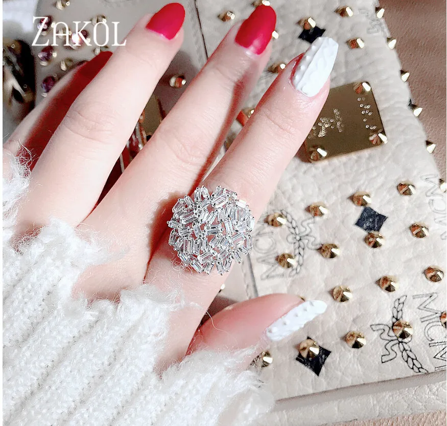 ZAKOL Роскошные AAA кубического циркония большой цветок палец кольца для женщин