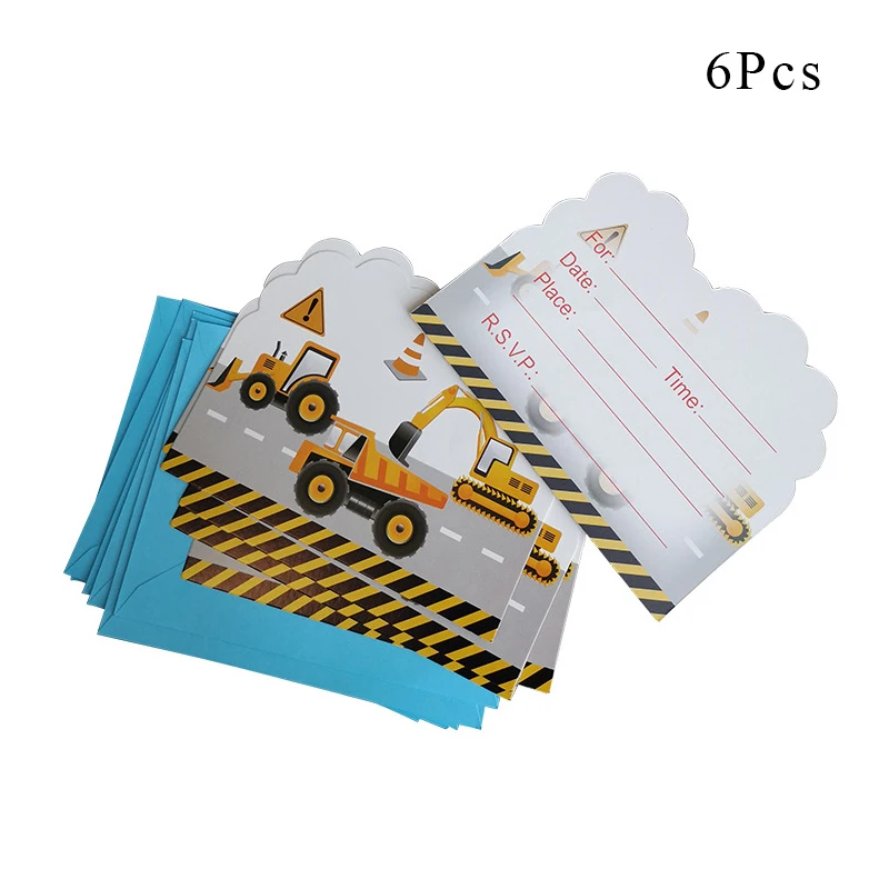 Invitation card x 6 Строительные транспортные средства экскаватор вечерние украшения бумажный стаканчик, тарелка баннеры детский душ шары Дети День рождения принадлежности AW06 - Цвет: Invitation card x 6