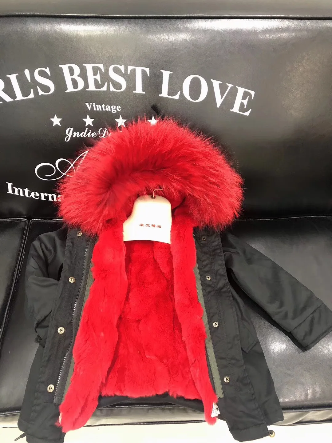Olive top red fur Г. Детские куртки из натурального кроличьего меха зимние пальто для девочек со съемной подкладкой из натурального меха, куртка для малышей меховой воротник енота - Цвет: Olive top red fur