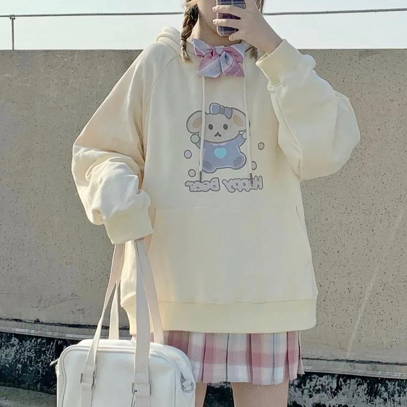 

Kawaii Deeptown Hoodies Women Autumn Winter 2020 Fashion Cute Pullover Women Long Sleeve Bear Print Tops Plus Velvet Pullover