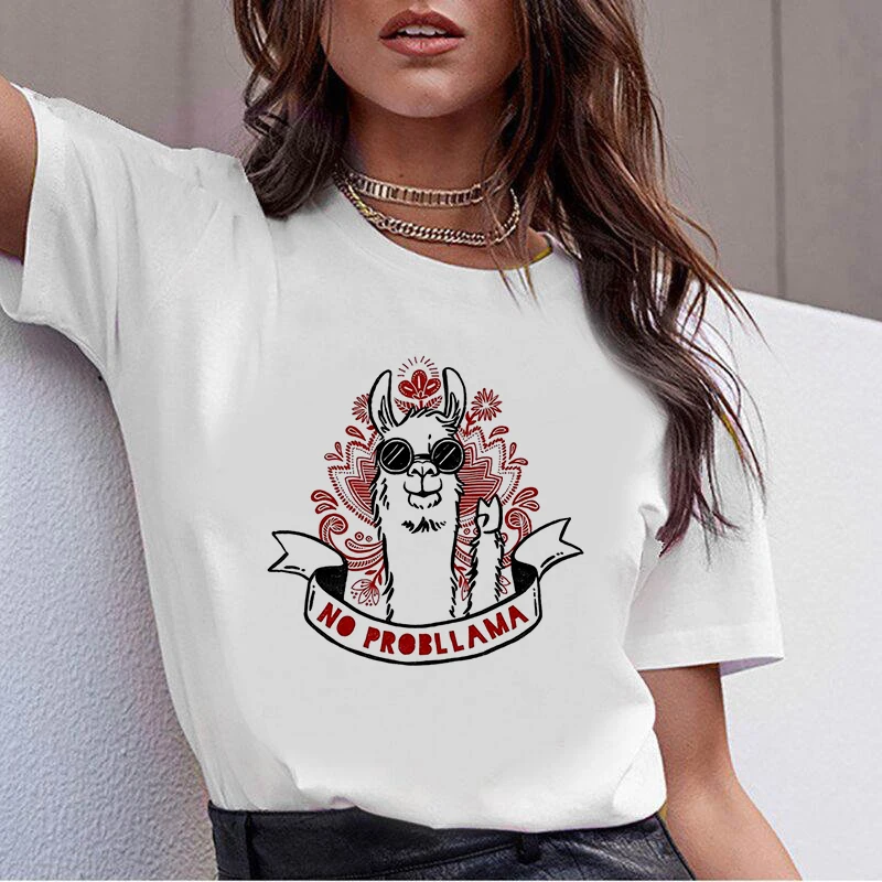 

Alpaca cartoon printed T-shirt Women Casual White Tops Casual T Shirt Vogue T-shirt ladies summer casual T-shirt