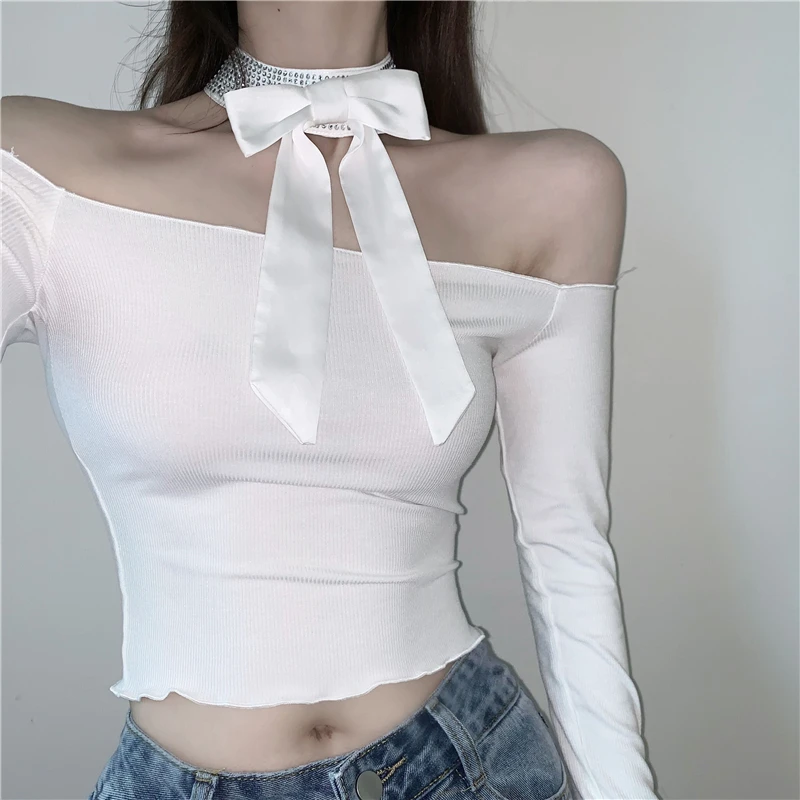 Autumn Style Bow Halter Off Shoulder Sexy Club Tees Woman Tshirts Fashion Brand Slash Neck Ladies Crop Top Slim Korean Clothes | Женская