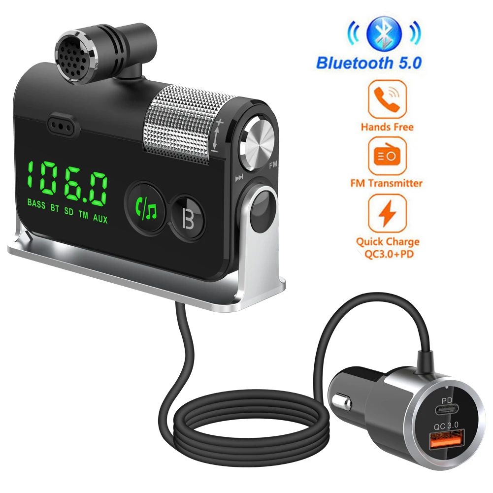Автомобильный FM-передатчик Bluetooth 5 0 громкая связь AUX аудиоприемник mp3-плеер QC3.0 + PD