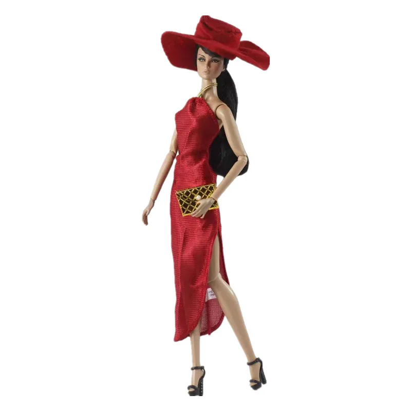 

Red Elegant Split Dress for Barbie Doll Clothes Set Outfit Hat Handbag Party Gown Dresses 1/6 BJD Accessories Kids Dollhouse Toy
