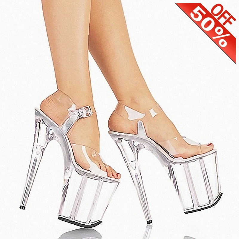 

Summer Sexy Mature Clear Crystal 8 inches Fine High heeled shoes Nightclub Pole dancing Thick platform heels Sandals 20cm