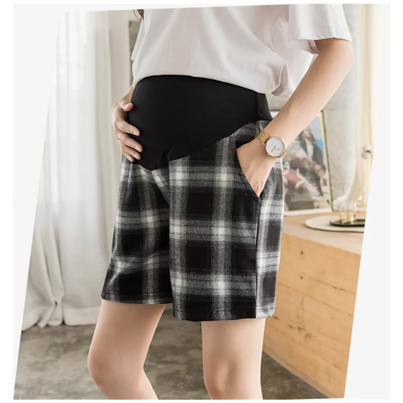 

Maternity Nursing Pants Plaid High Waist Short For Pregnancy Women Summer Cotton Belly Trousers Maternity Clothing Outfit T0040