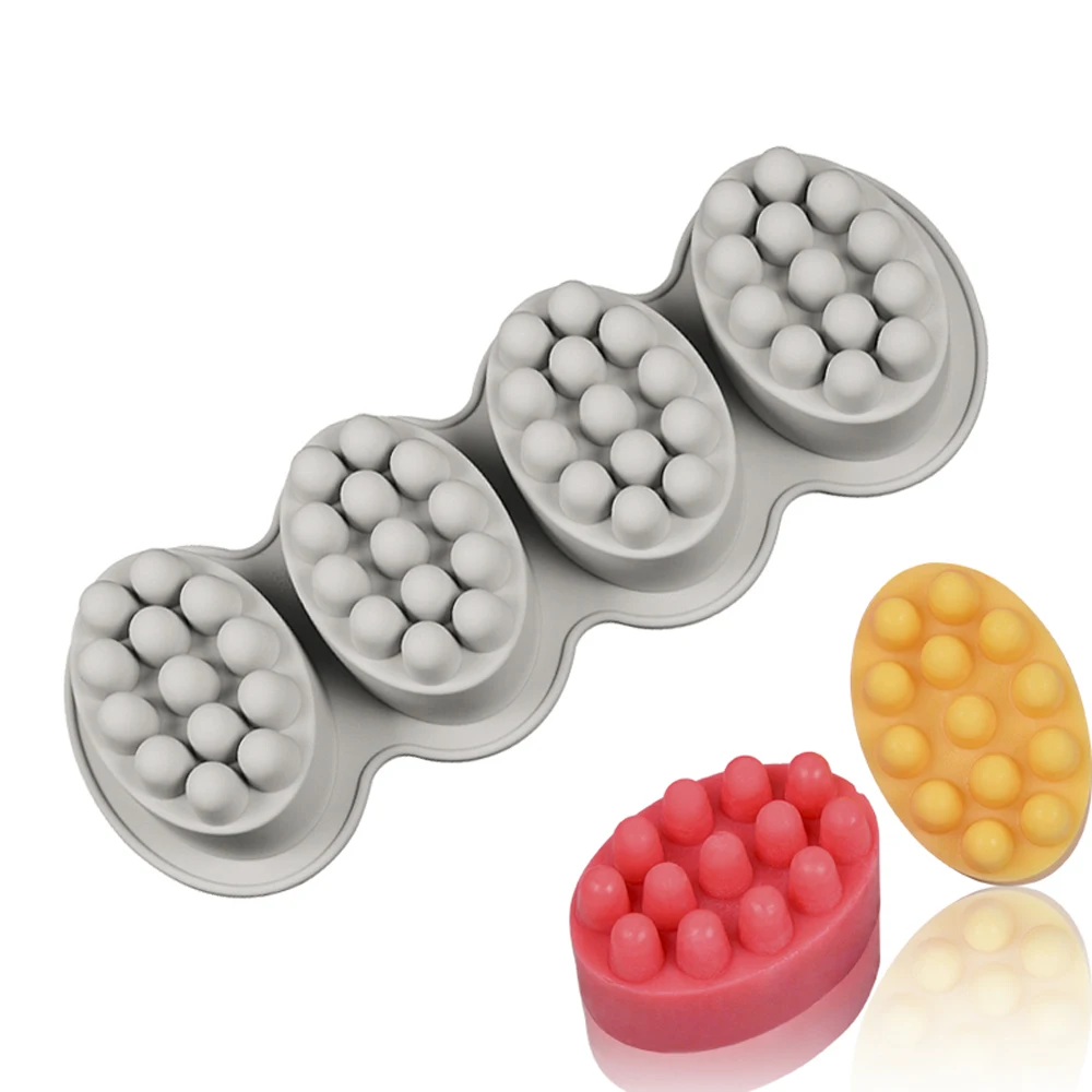 

New 4 Cavity 3D Handmade Silicone Soap Molds Massage Therapy Bar Making Mould Tools DIY Oval Shape Soaps Resin Crafts